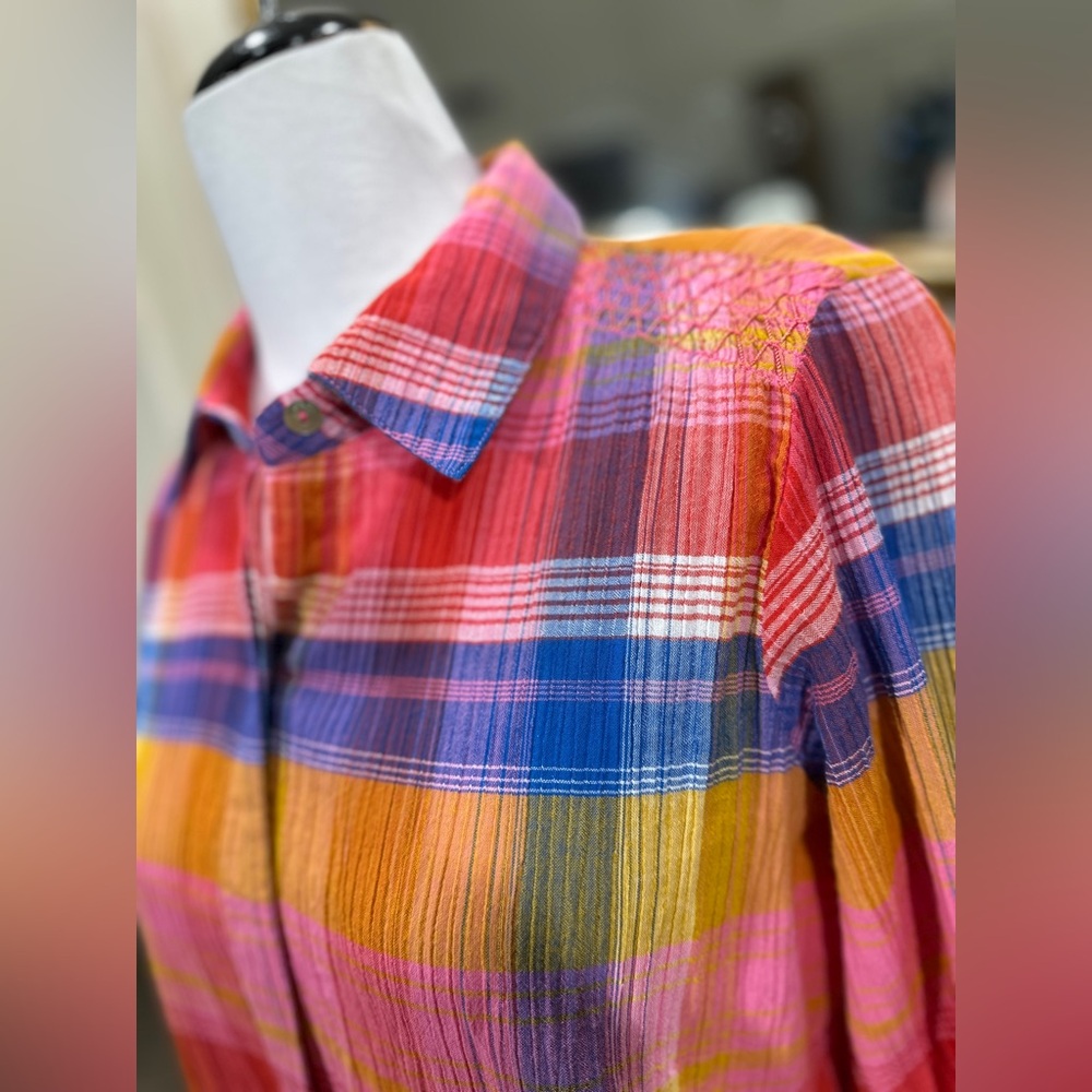 Soft Surroundings Sansonne Rainbow Plaid‎ Crinkle Blouse M - Picture 3 of 11